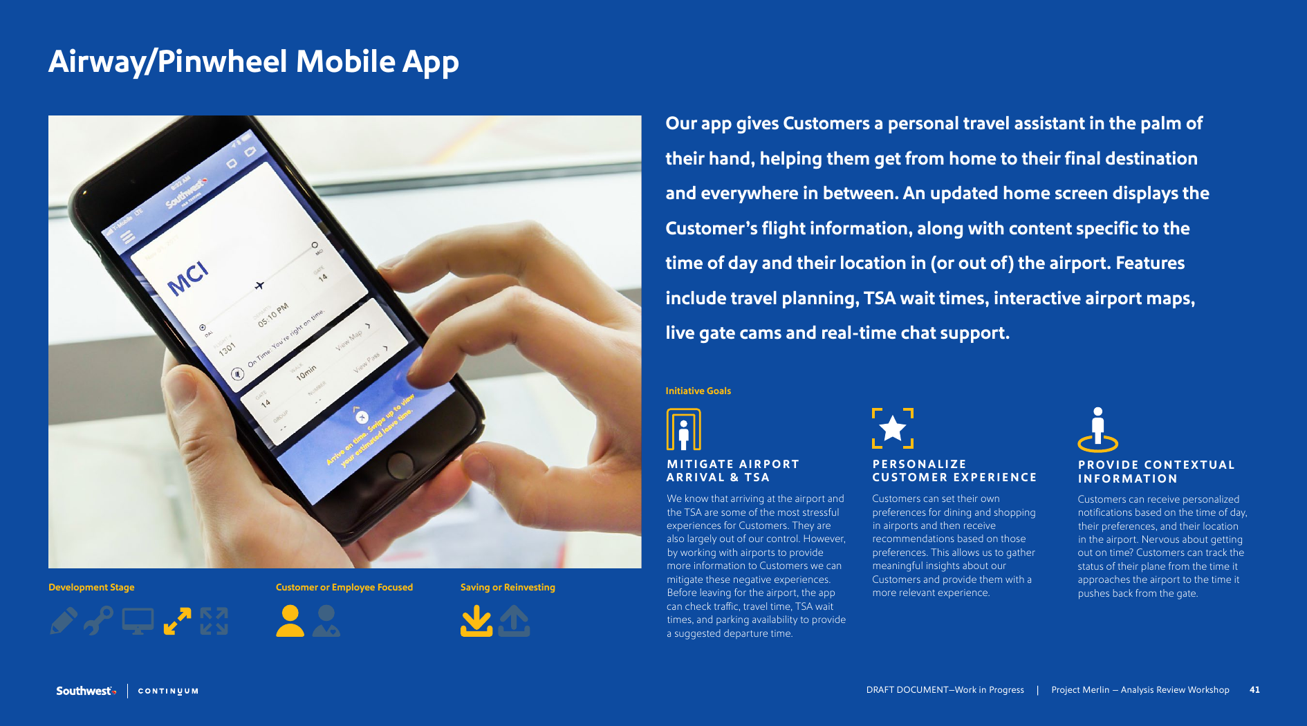 Airway and Pinwheel mobile-app project readout showing contextual travel information