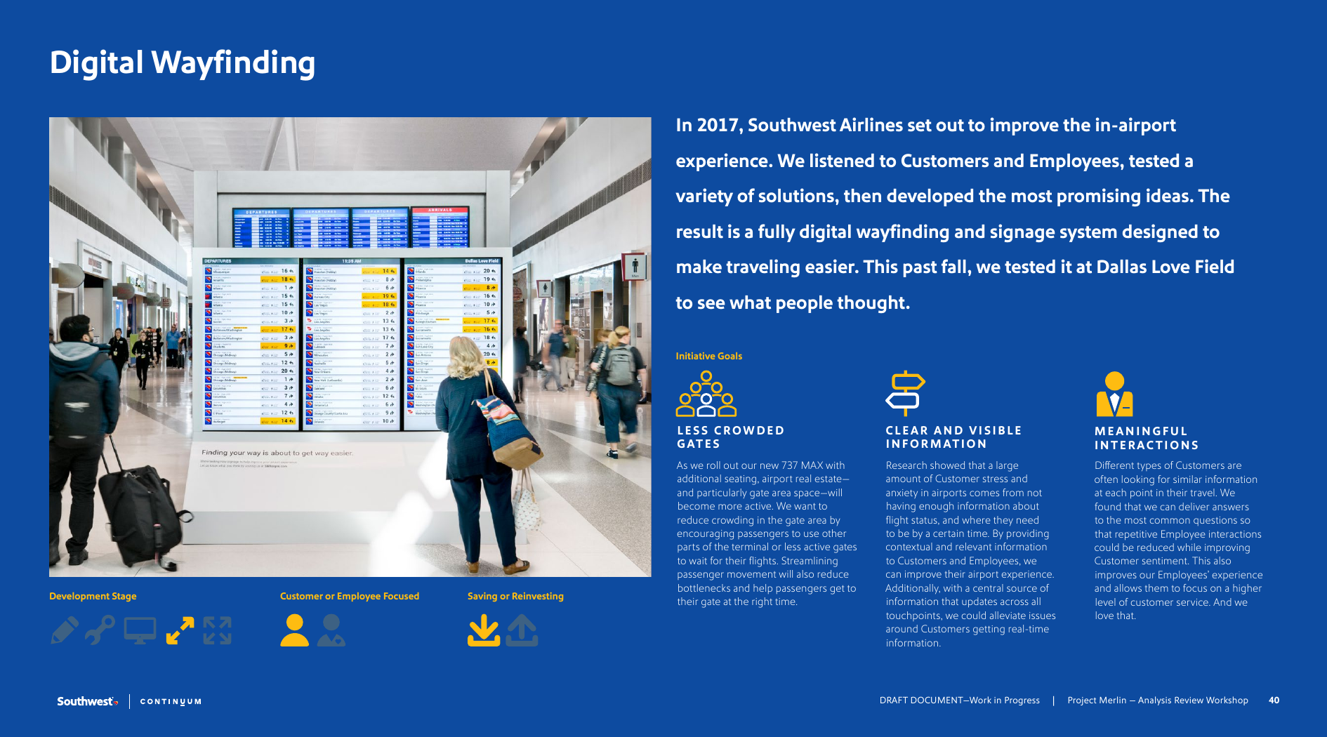 Digital Wayfinding project readout showing Dallas Love Field prototype and testing evidence